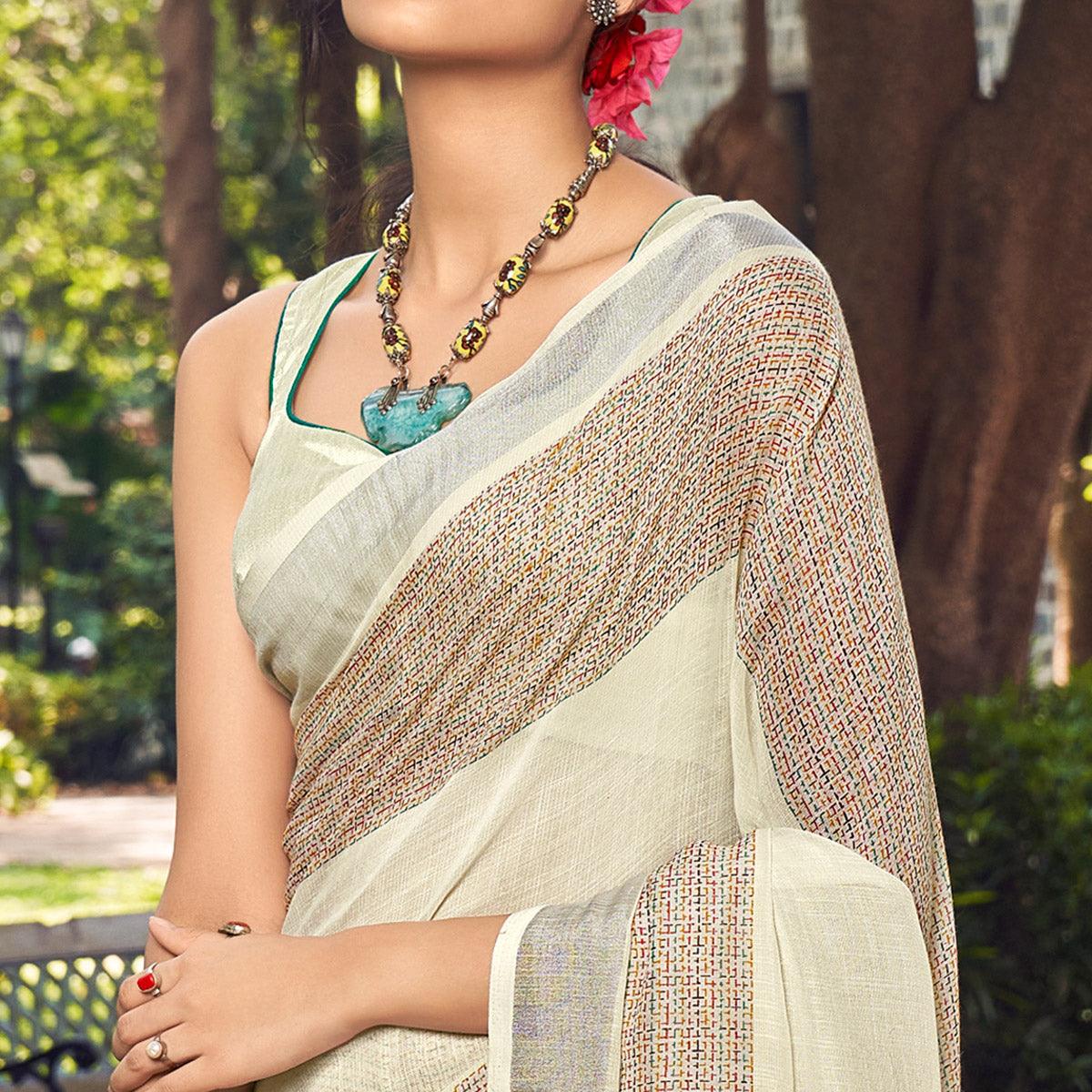 Cream Printed Linen Saree - Peachmode