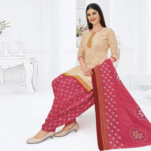 Cream Printed Pure Cotton Stitched Patiala Suit - Peachmode