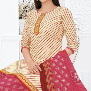 Cream Printed Pure Cotton Stitched Patiala Suit - Peachmode