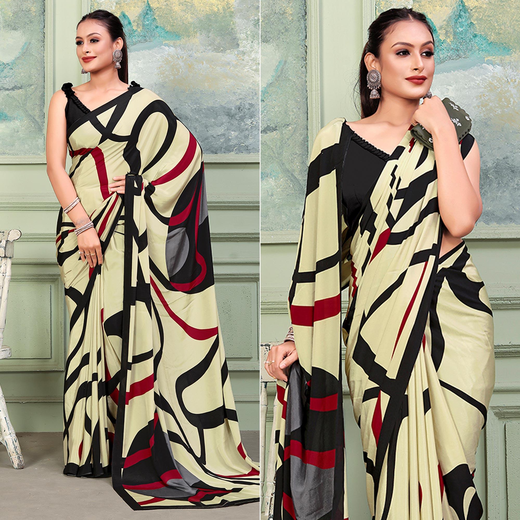 Cream Printed Raw Silk Saree - Peachmode