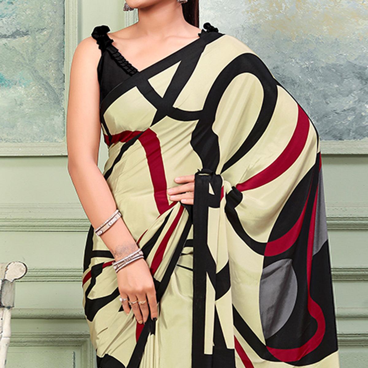 Cream Printed Raw Silk Saree - Peachmode