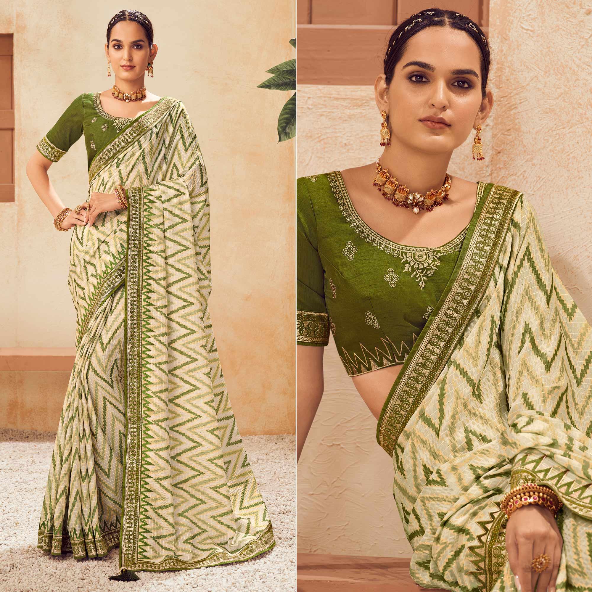 Cream Printed With Embellished Chiffon Saree With Tassels - Peachmode