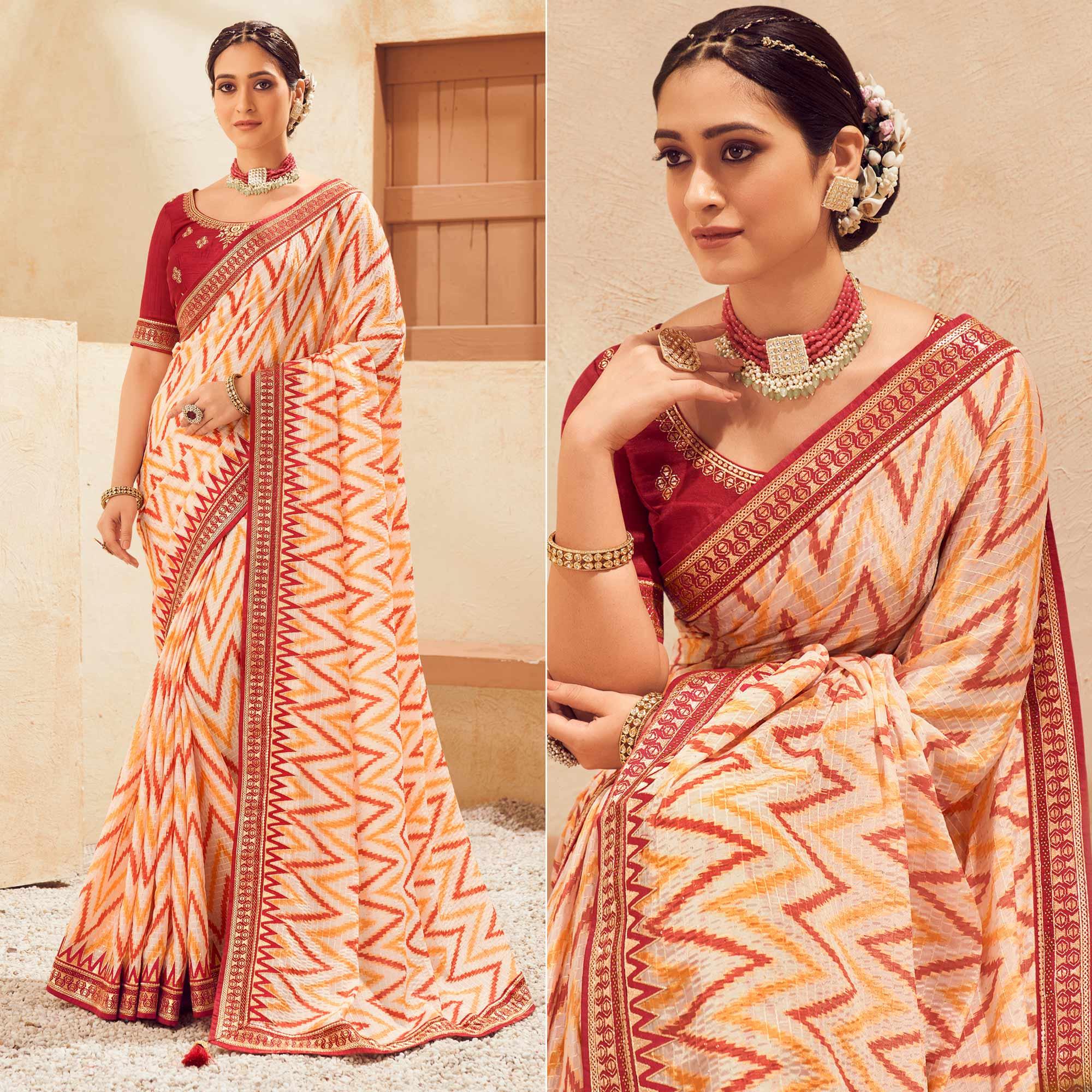 Cream Printed With Embellished Chiffon Saree With Tassels - Peachmode
