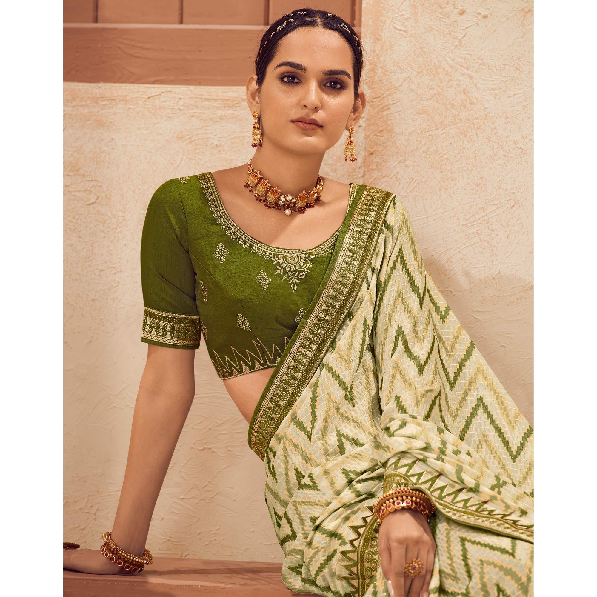 Cream Printed With Embellished Chiffon Saree With Tassels - Peachmode