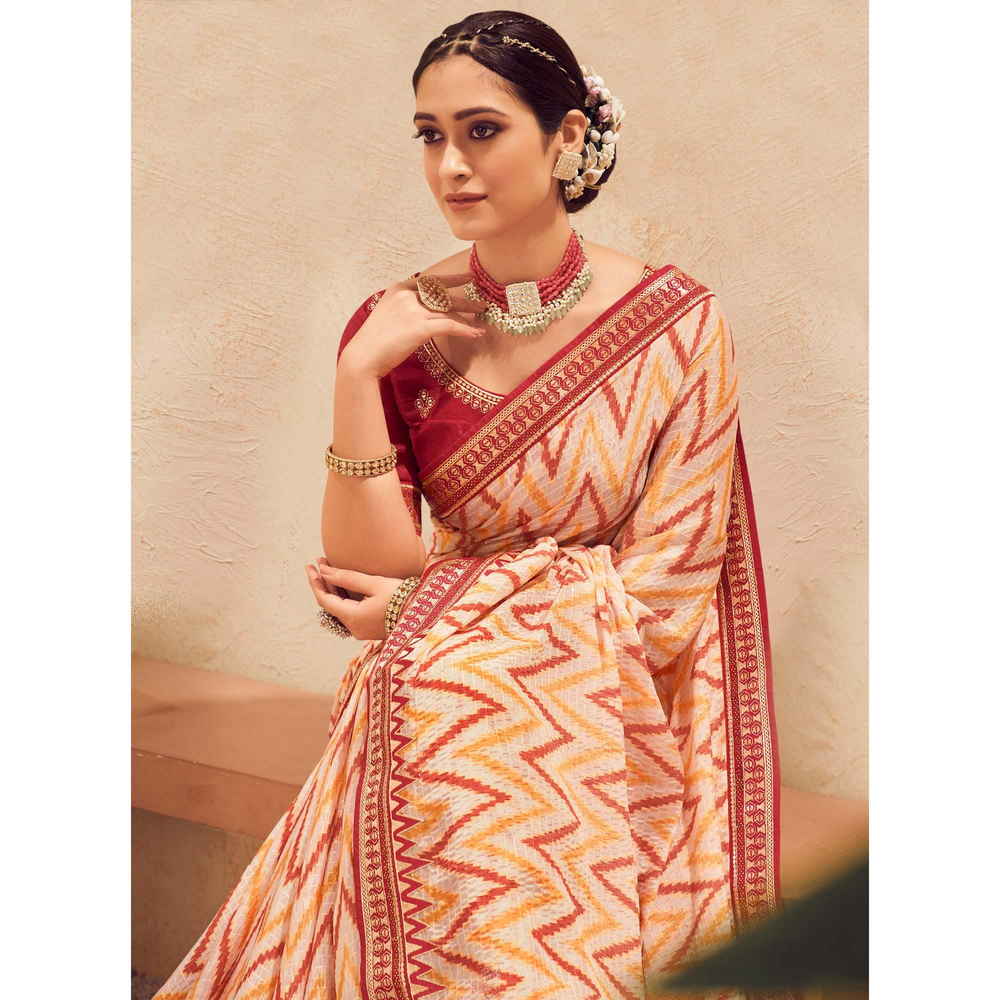 Cream Printed With Embellished Chiffon Saree With Tassels - Peachmode