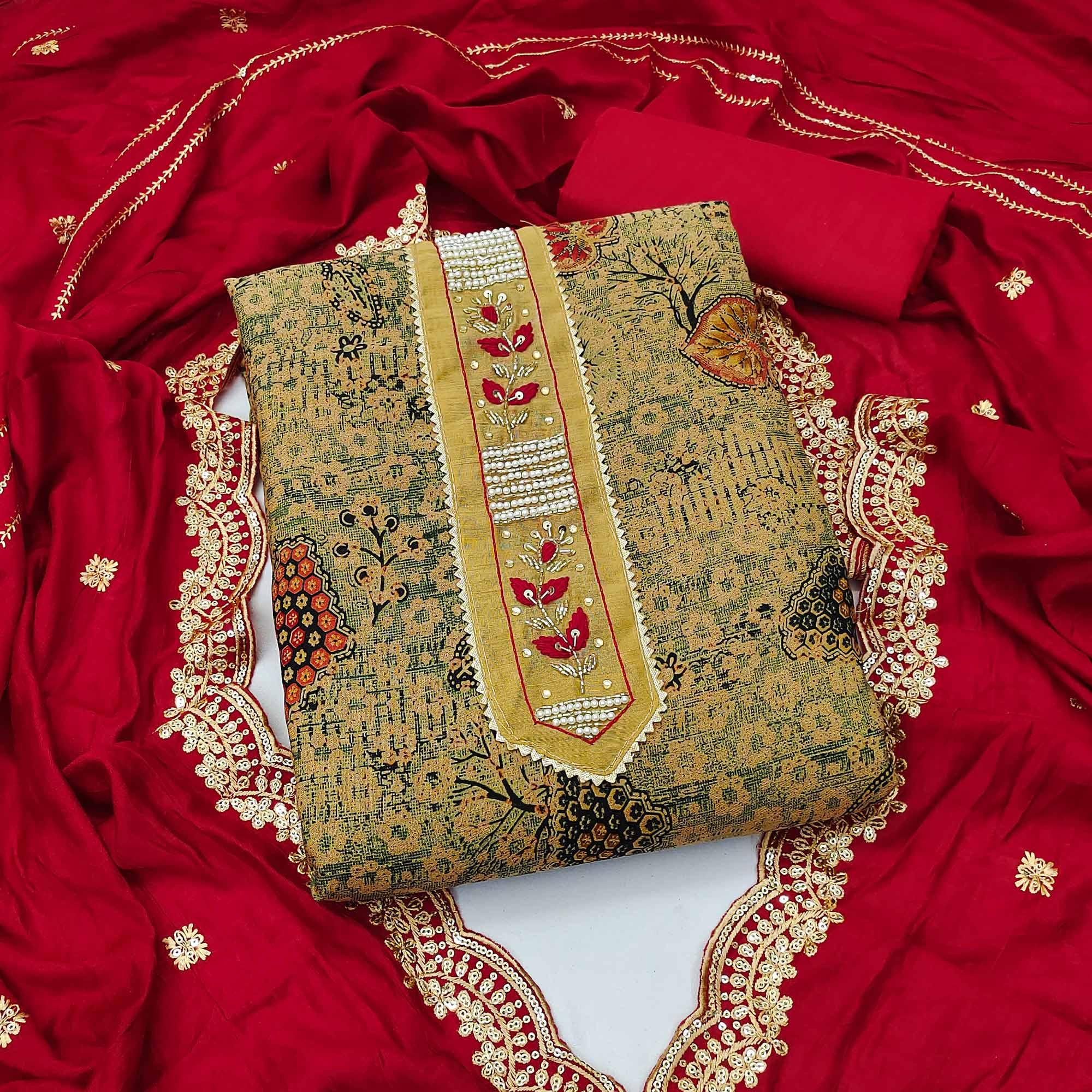 Cream Printed With Embellished Pure Cotton Dress Material - Peachmode