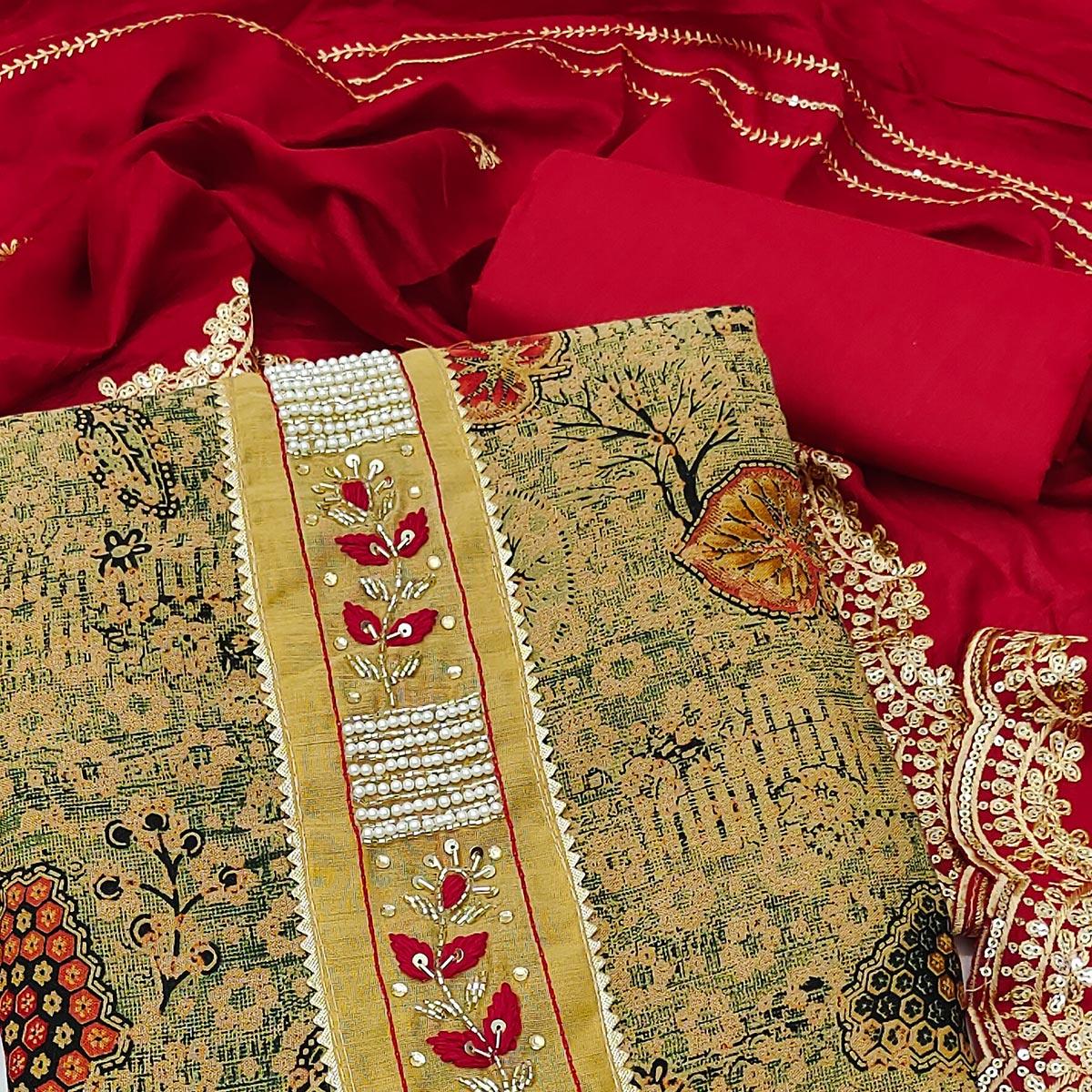 Cream Printed With Embellished Pure Cotton Dress Material - Peachmode