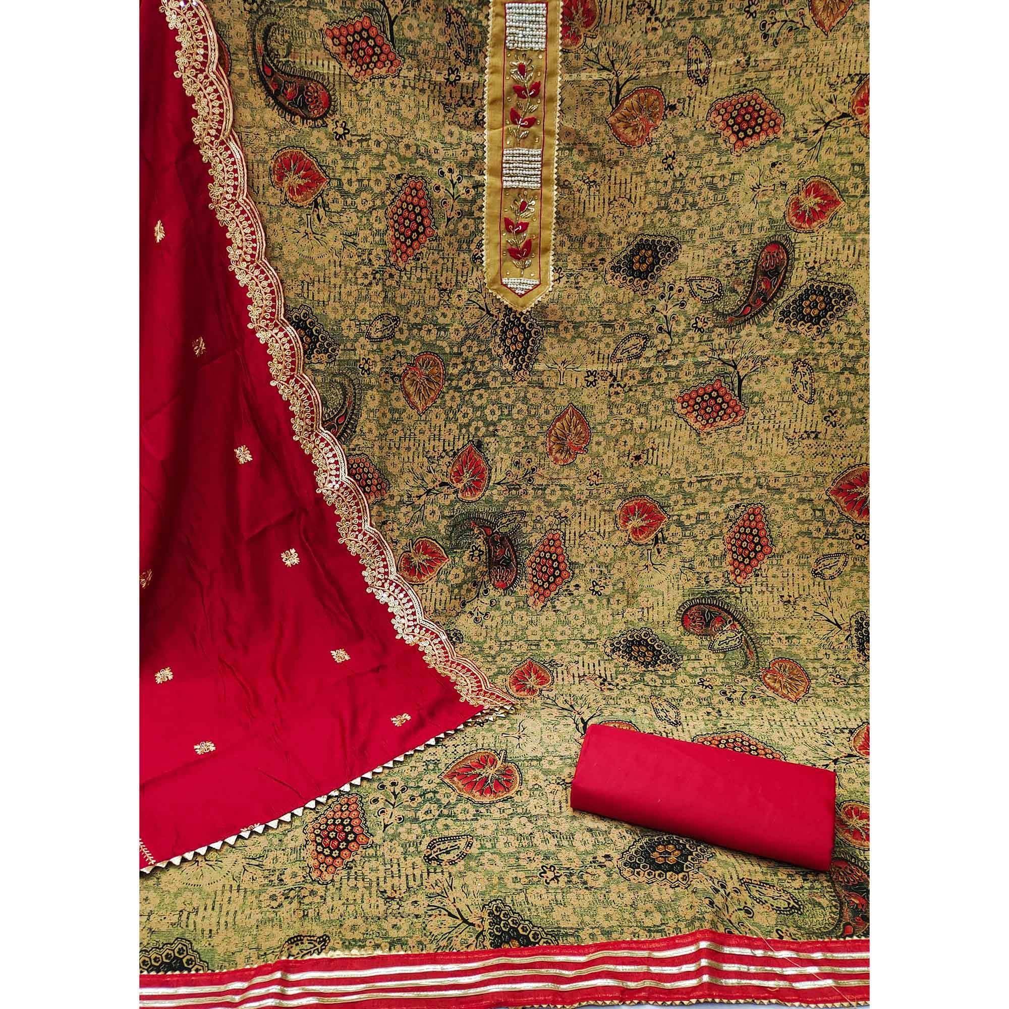 Cream Printed With Embellished Pure Cotton Dress Material - Peachmode