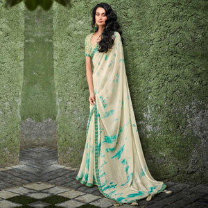 Cream Printed With Gota Patti Border Georgette Saree - Peachmode