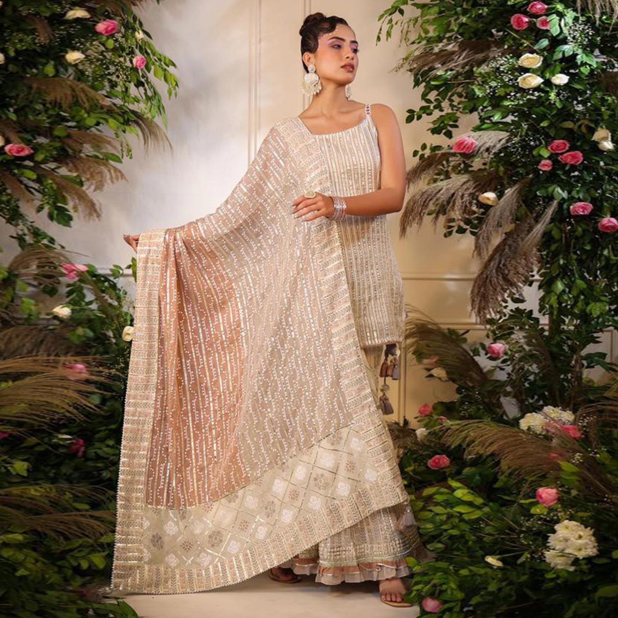 Cream Printed With Gota Work Pure Cotton Sharara Suit - Peachmode