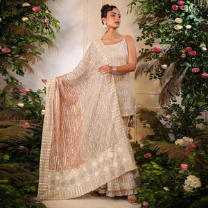 Cream Printed With Gota Work Pure Cotton Sharara Suit - Peachmode