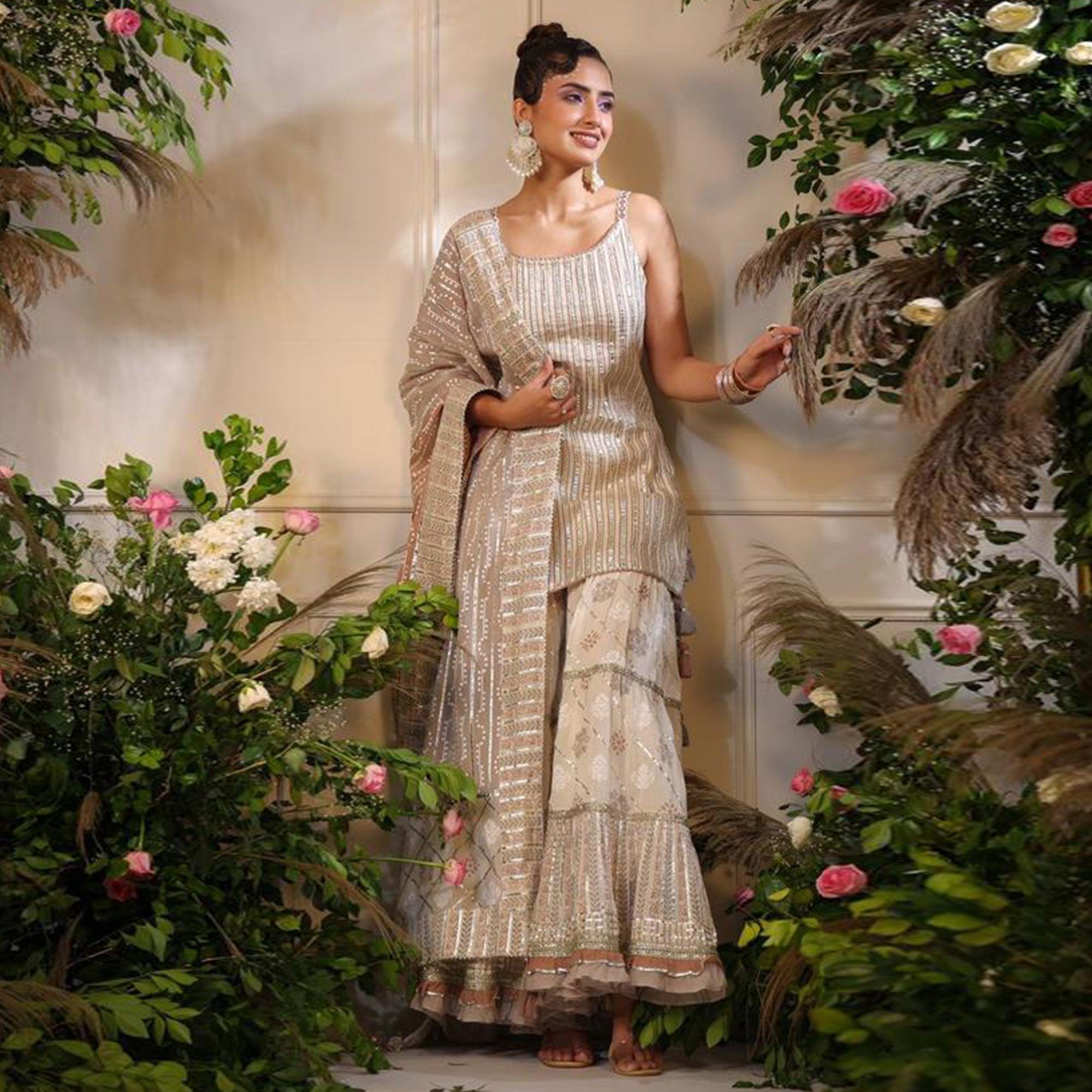 Cream Printed With Gota Work Pure Cotton Sharara Suit - Peachmode