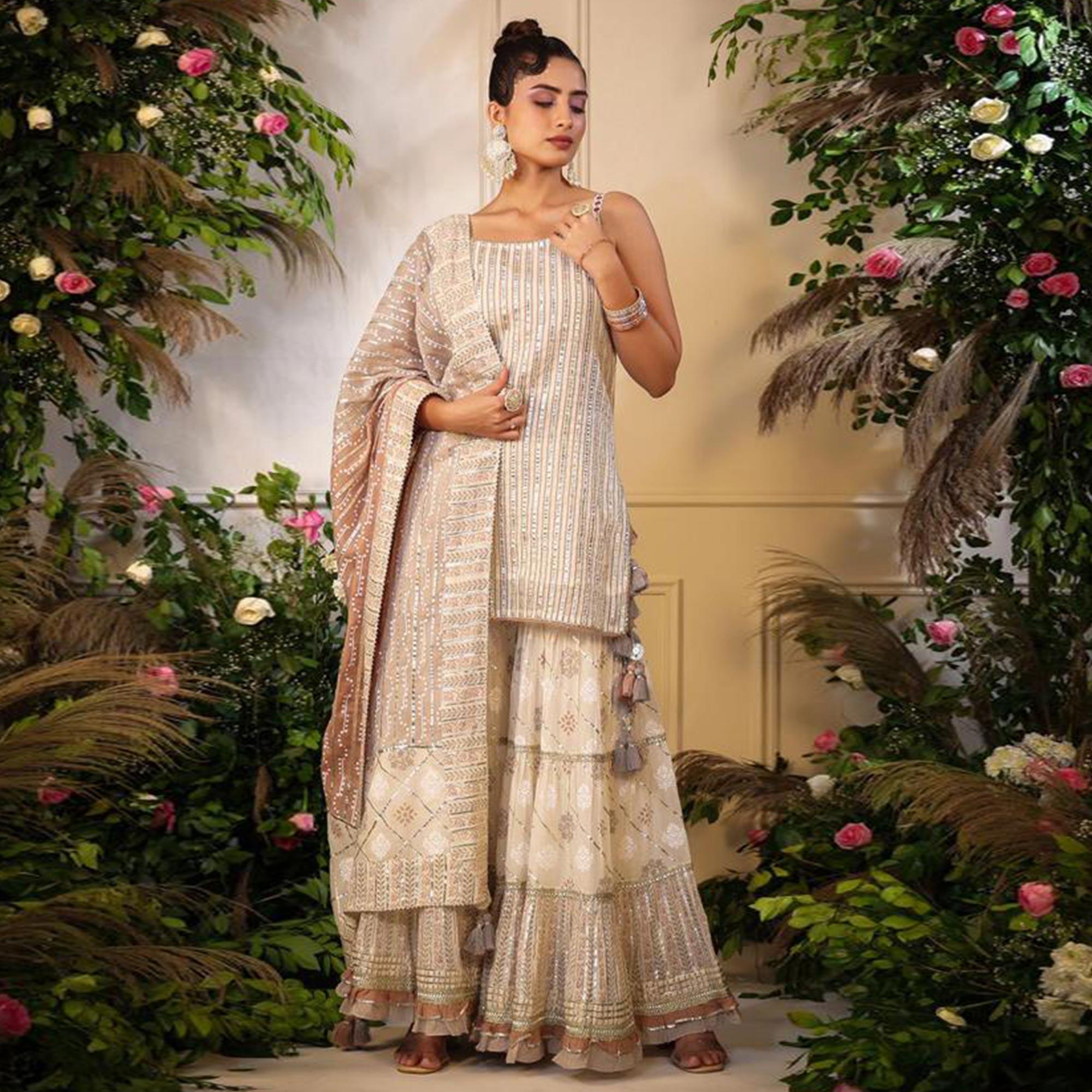 Cream Printed With Gota Work Pure Cotton Sharara Suit - Peachmode