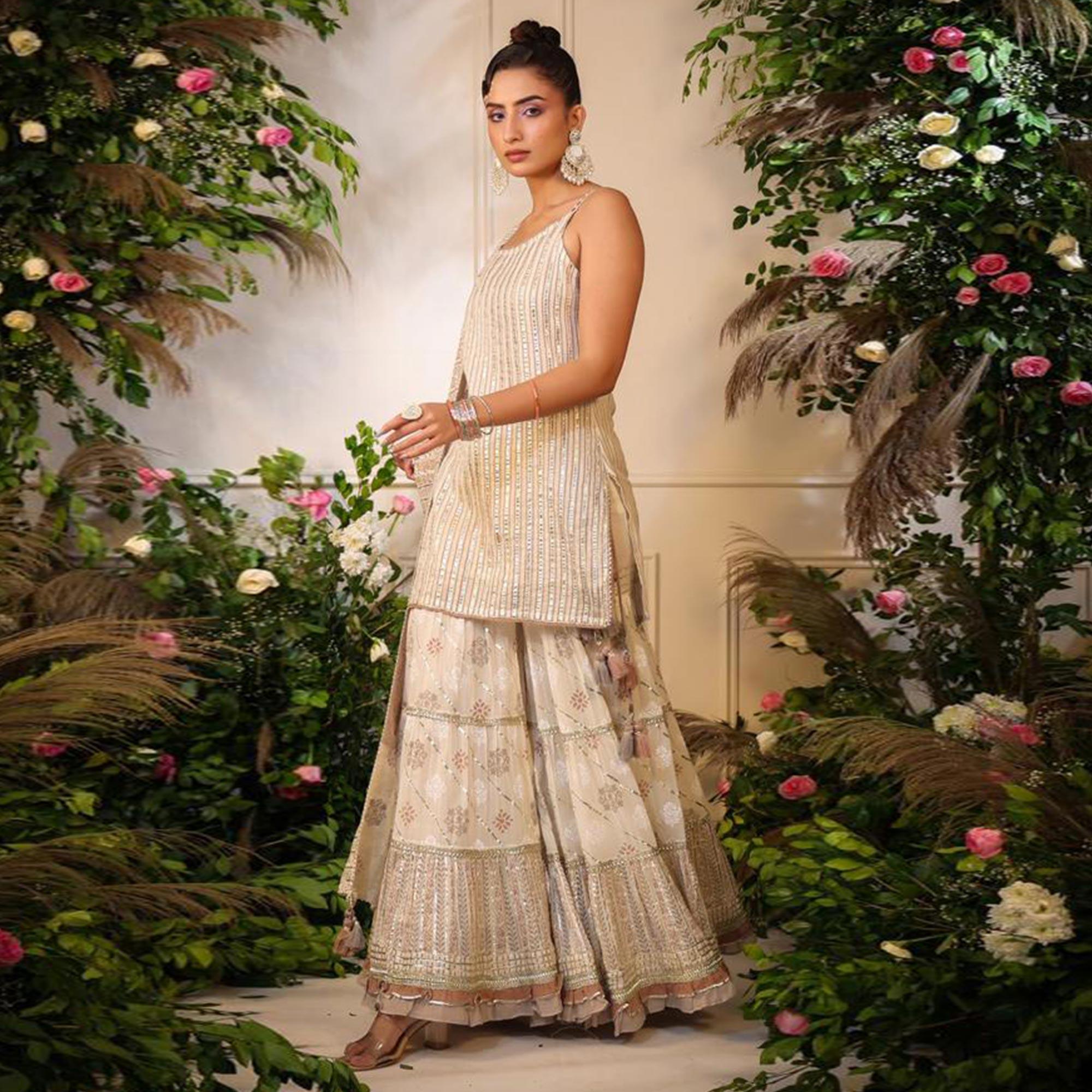 Cream Printed With Gota Work Pure Cotton Sharara Suit - Peachmode