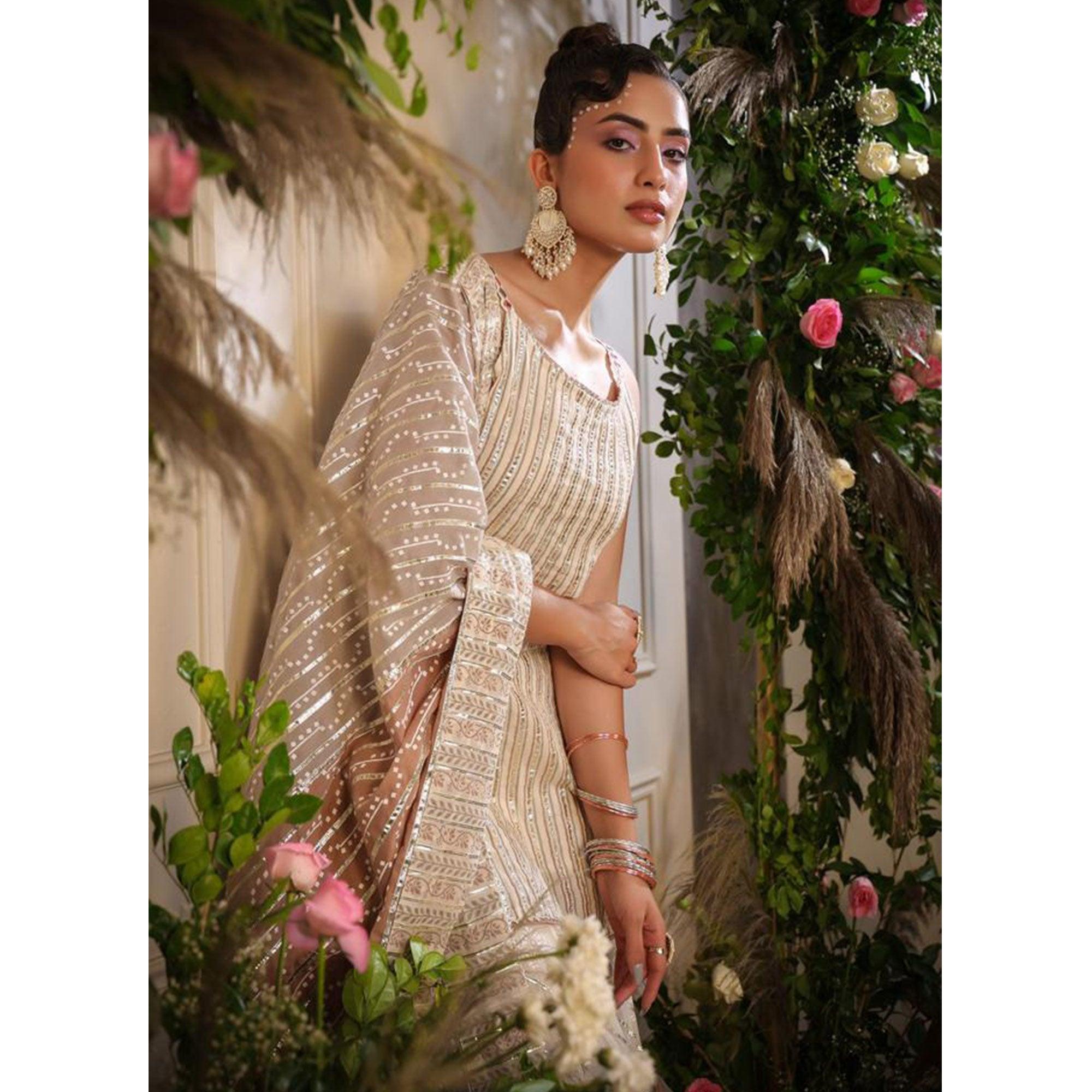 Cream Printed With Gota Work Pure Cotton Sharara Suit - Peachmode