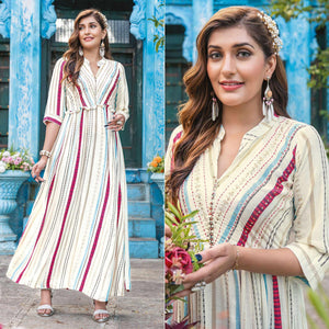 Cream Printed With Sequence Embroidered Rayon Kurti - Peachmode