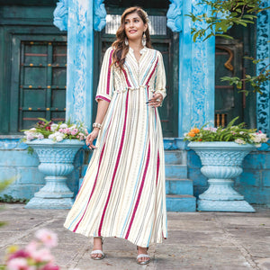 Cream Printed With Sequence Embroidered Rayon Kurti - Peachmode