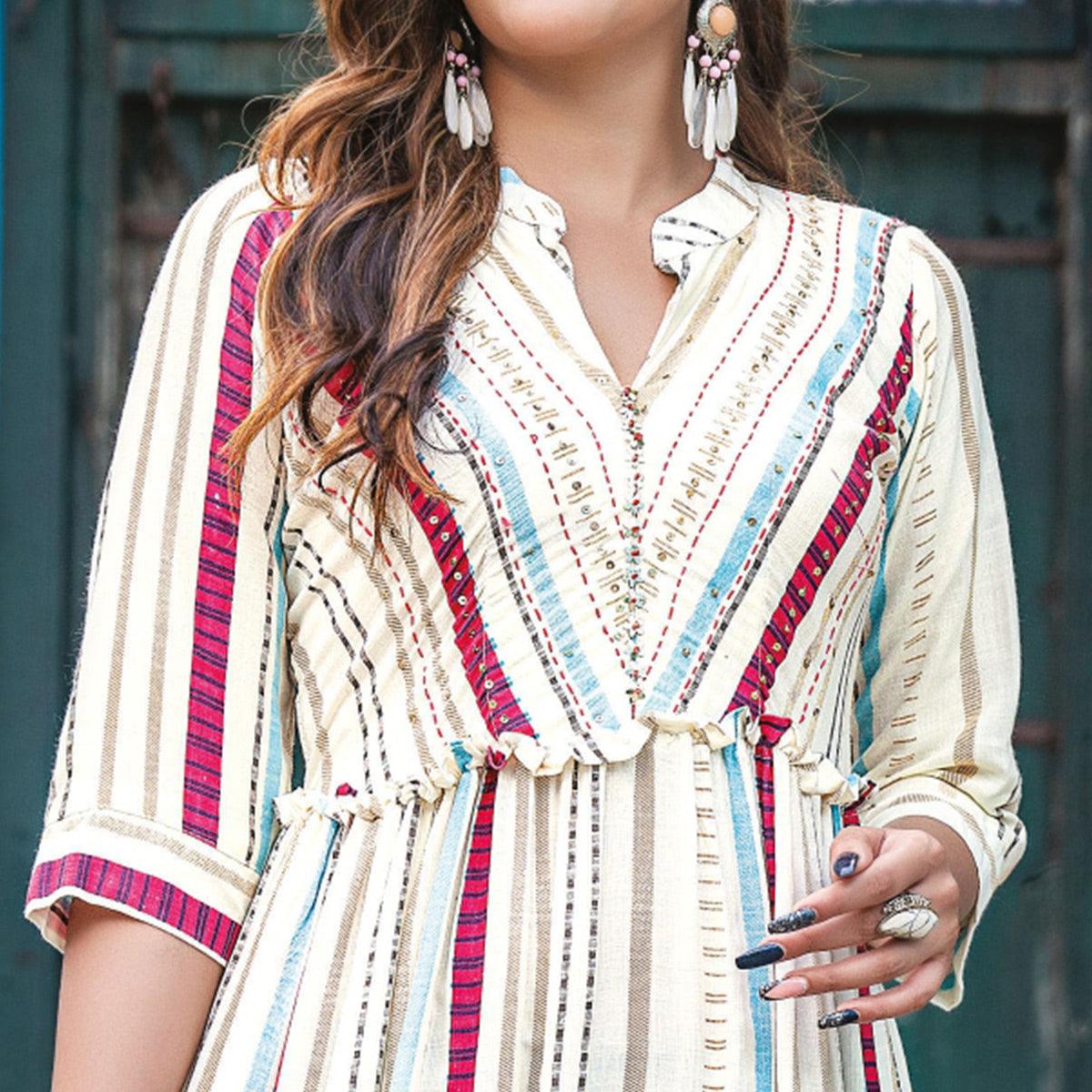 Cream Printed With Sequence Embroidered Rayon Kurti - Peachmode