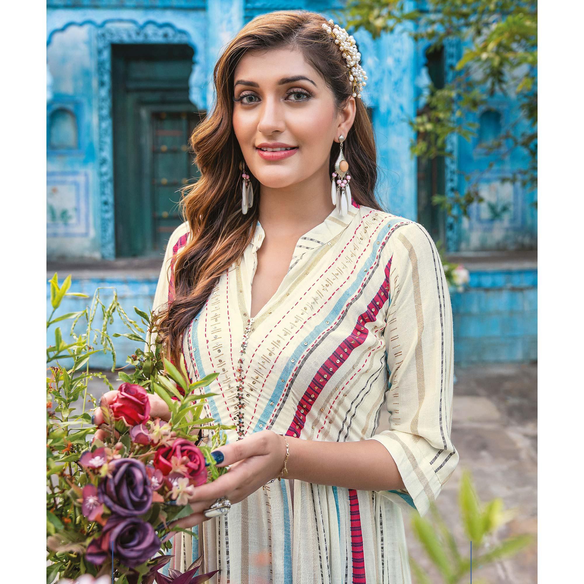 Cream Printed With Sequence Embroidered Rayon Kurti - Peachmode
