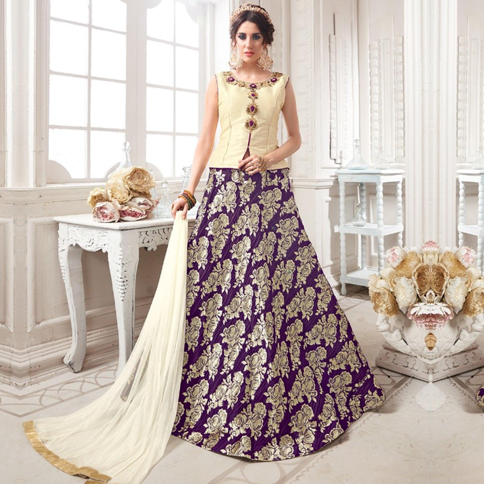 Cream-Purple Embroidered Jacquard Lehenga Choli - Peachmode