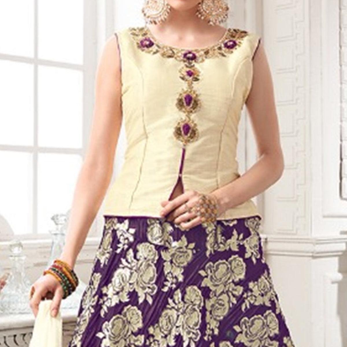 Cream-Purple Embroidered Jacquard Lehenga Choli - Peachmode