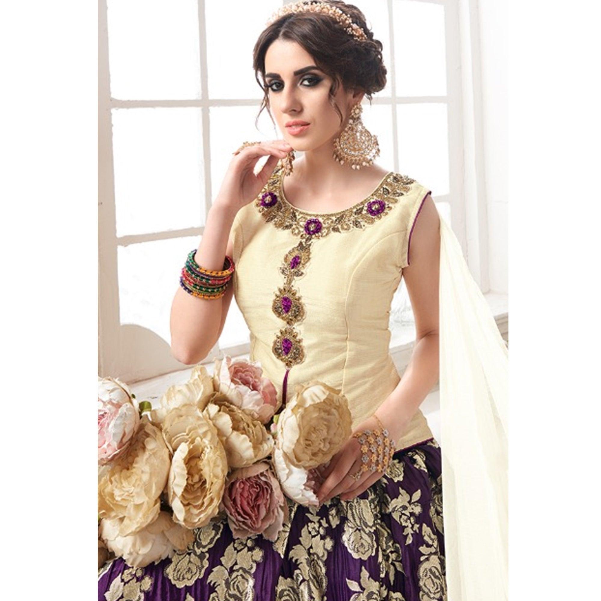 Cream-Purple Embroidered Jacquard Lehenga Choli - Peachmode