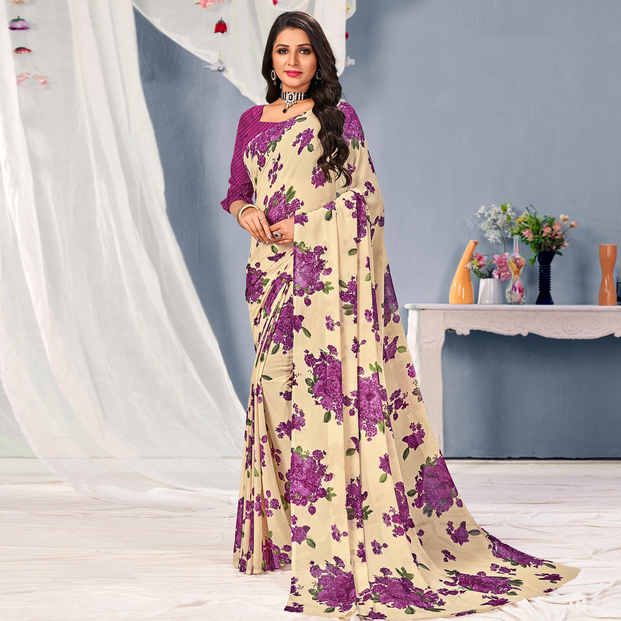 Cream-Purple Floral Printed Georgette Saree - Peachmode