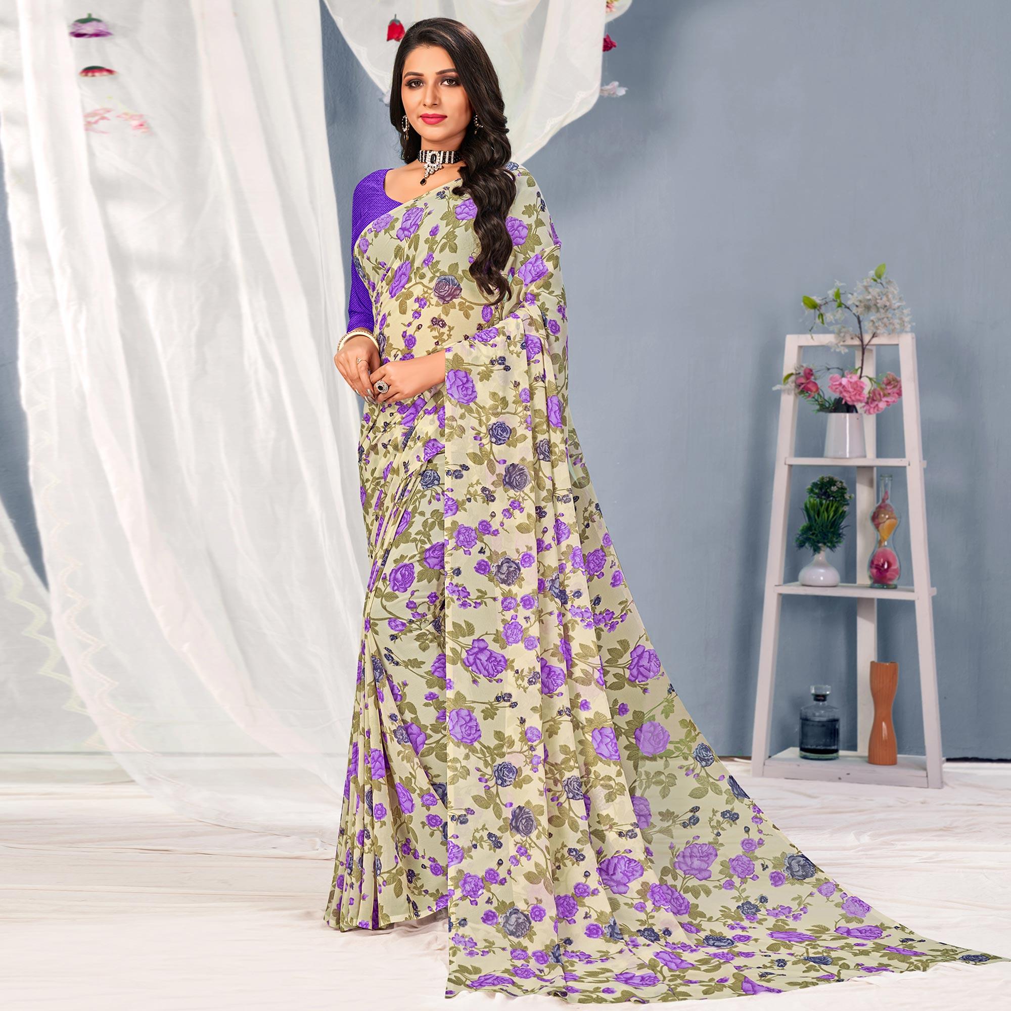 Cream-Purple Floral Printed Georgette Saree - Peachmode