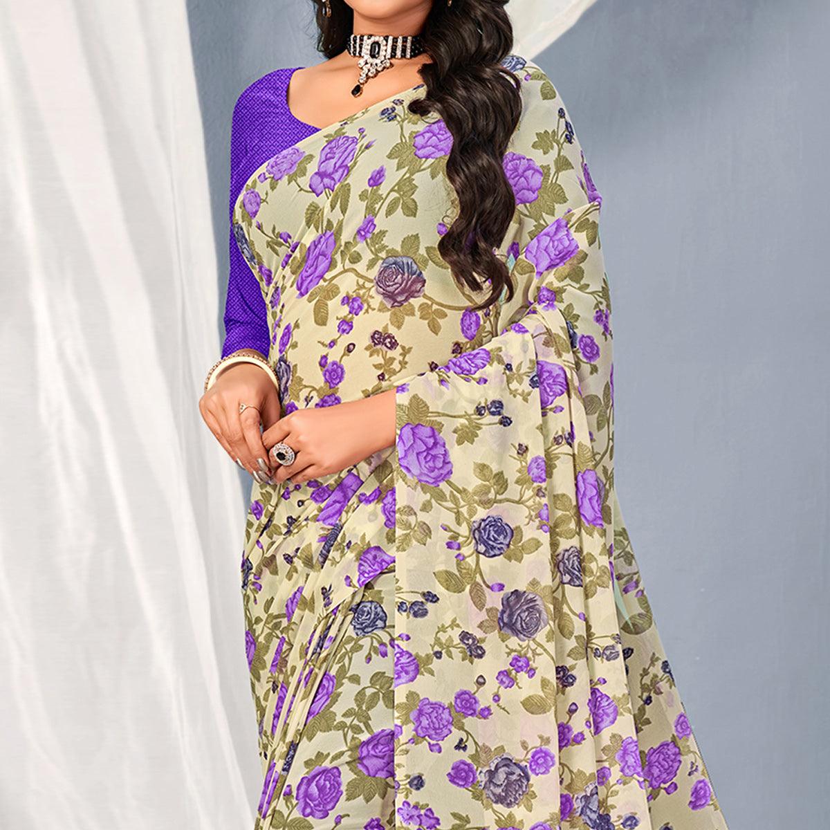 Cream-Purple Floral Printed Georgette Saree - Peachmode