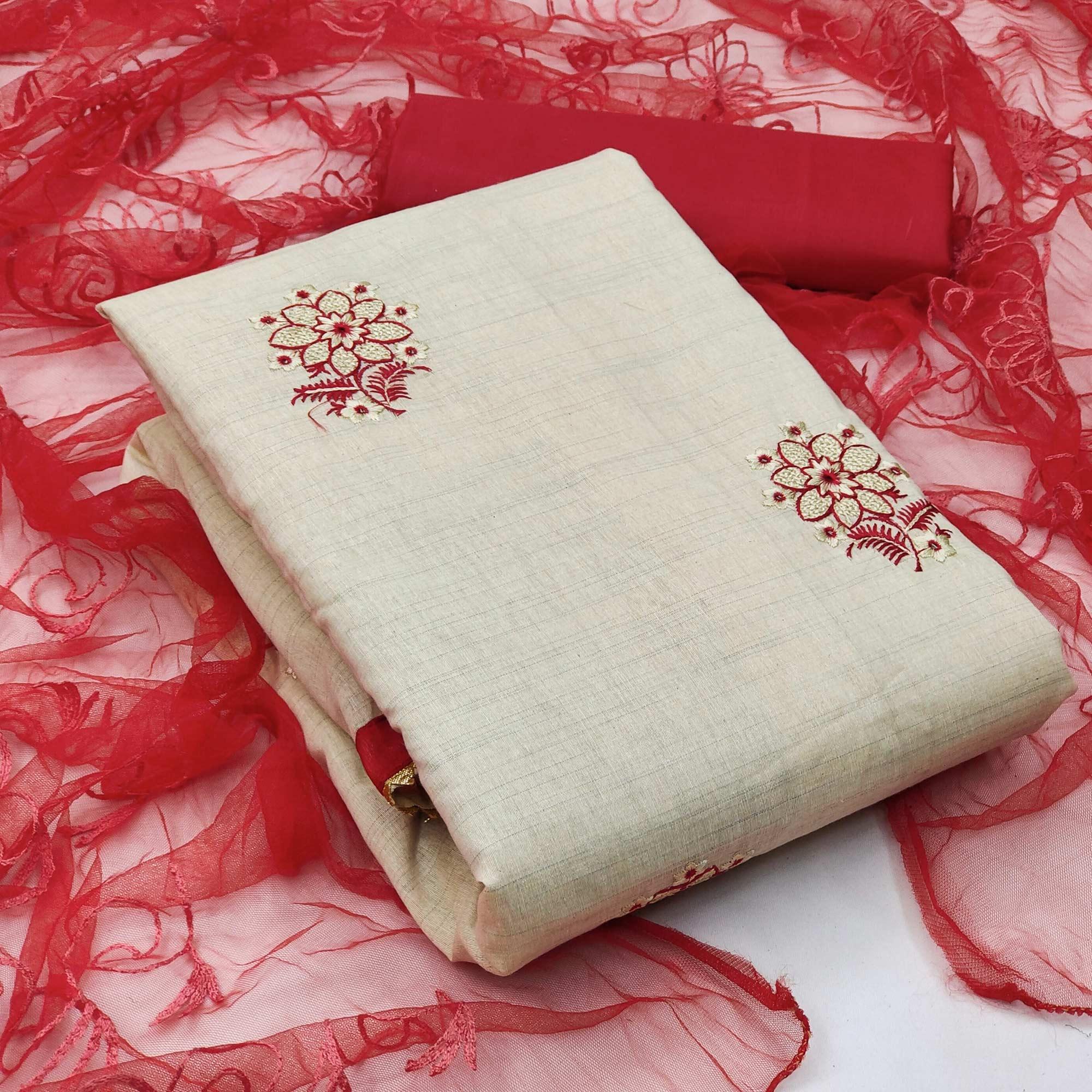 Cream - Red Casual Wear Floral Embroidered Cotton Dress Material - Peachmode