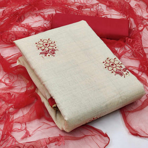 Cream - Red Casual Wear Floral Embroidered Cotton Dress Material - Peachmode