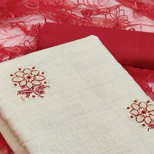 Cream - Red Casual Wear Floral Embroidered Cotton Dress Material - Peachmode