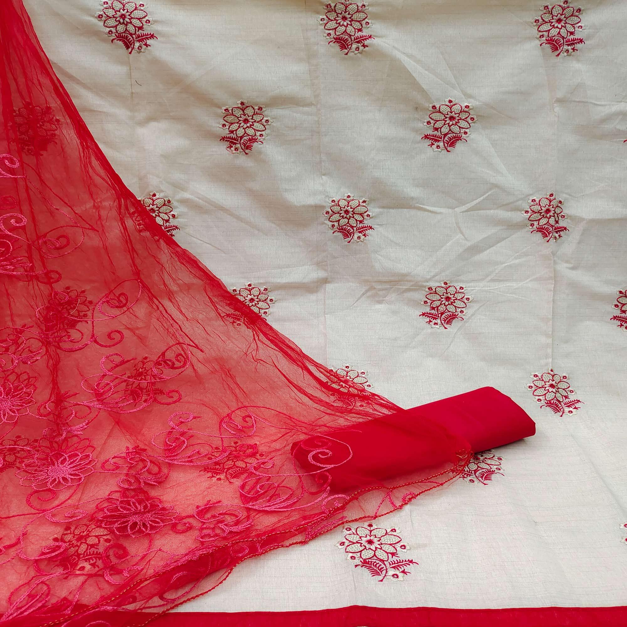 Cream - Red Casual Wear Floral Embroidered Cotton Dress Material - Peachmode