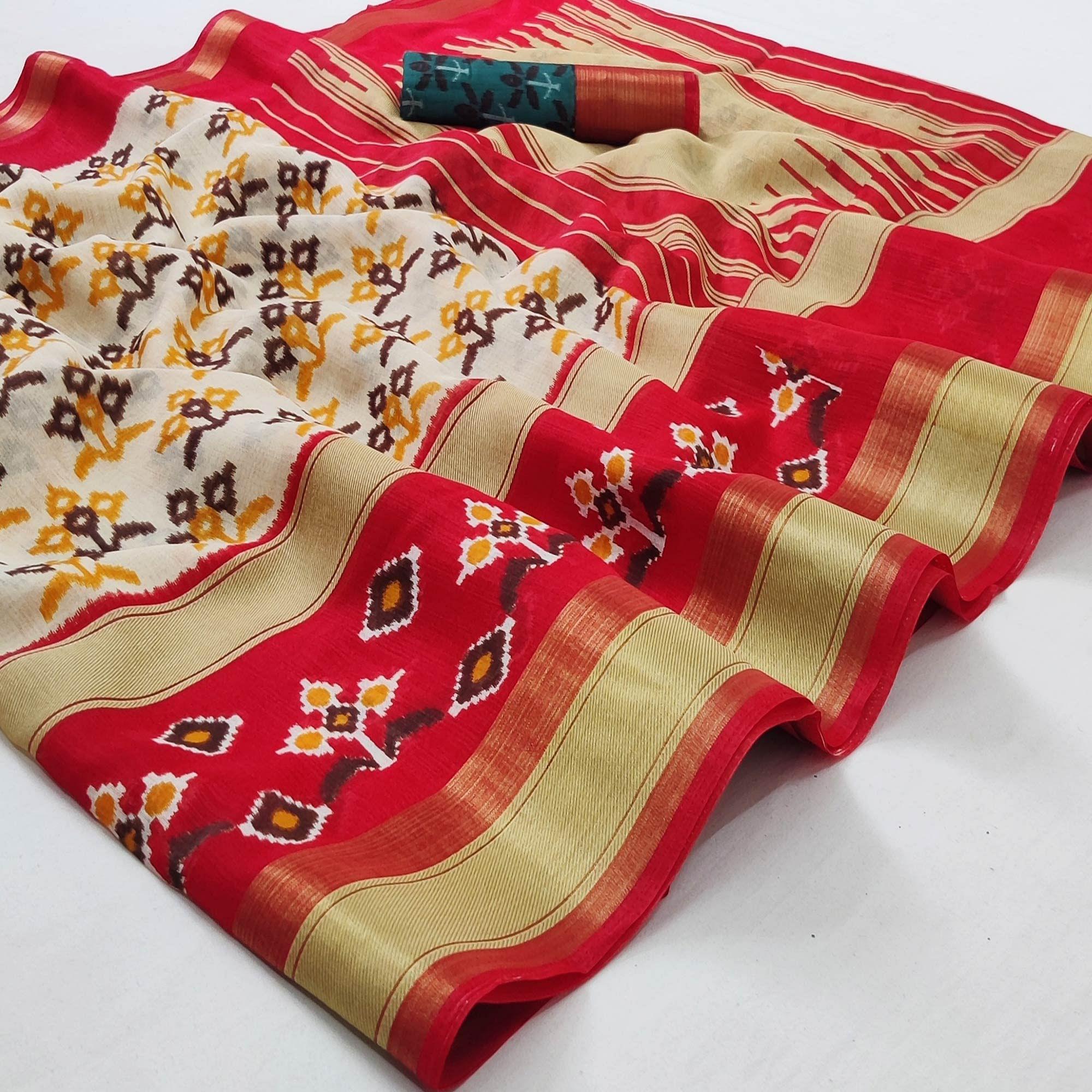 Cream-Red Casual Wear Printed Cotton Saree With Jari Border - Peachmode