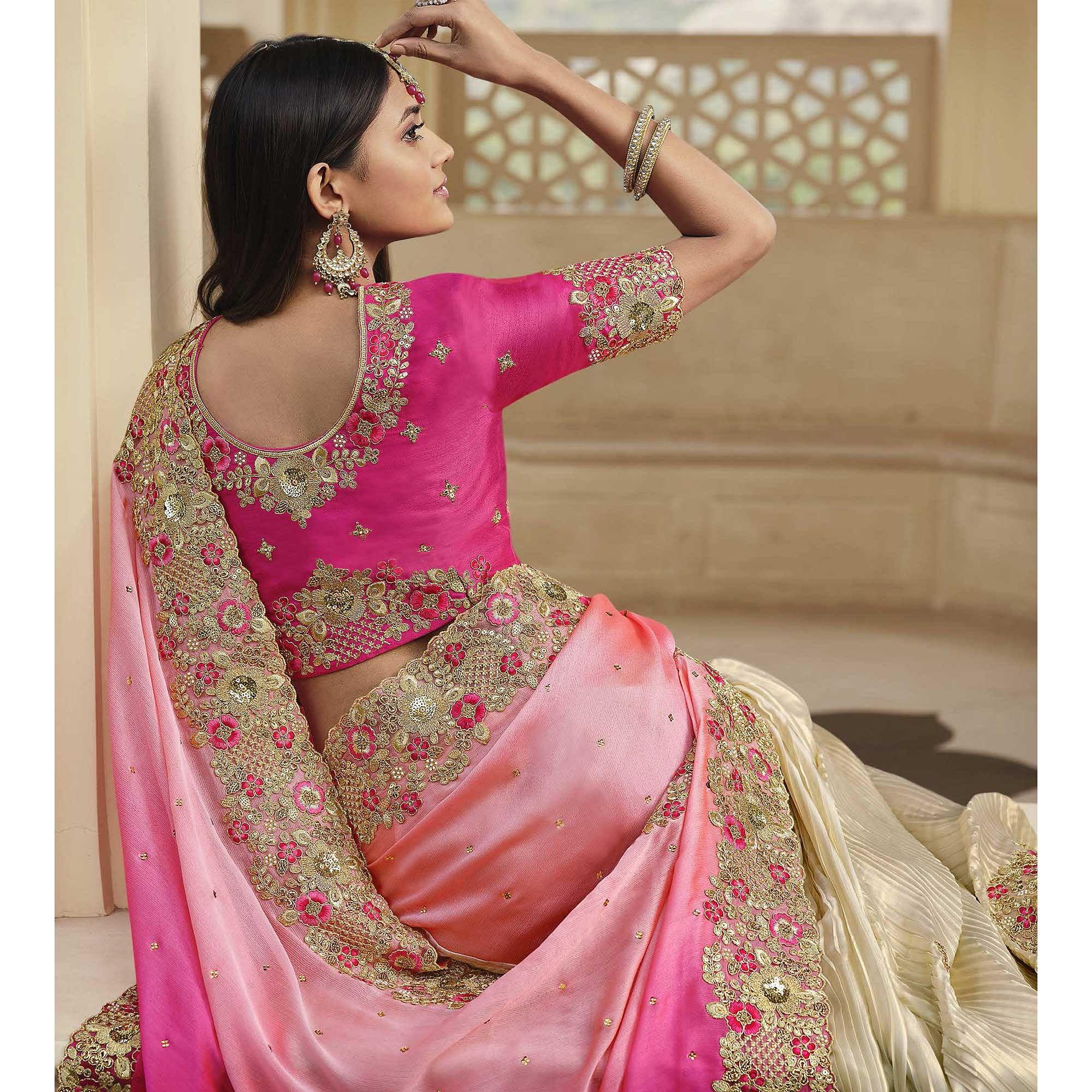 Cream - Rose Pink Party Wear Embroidered Satin Half & Half Saree - Peachmode