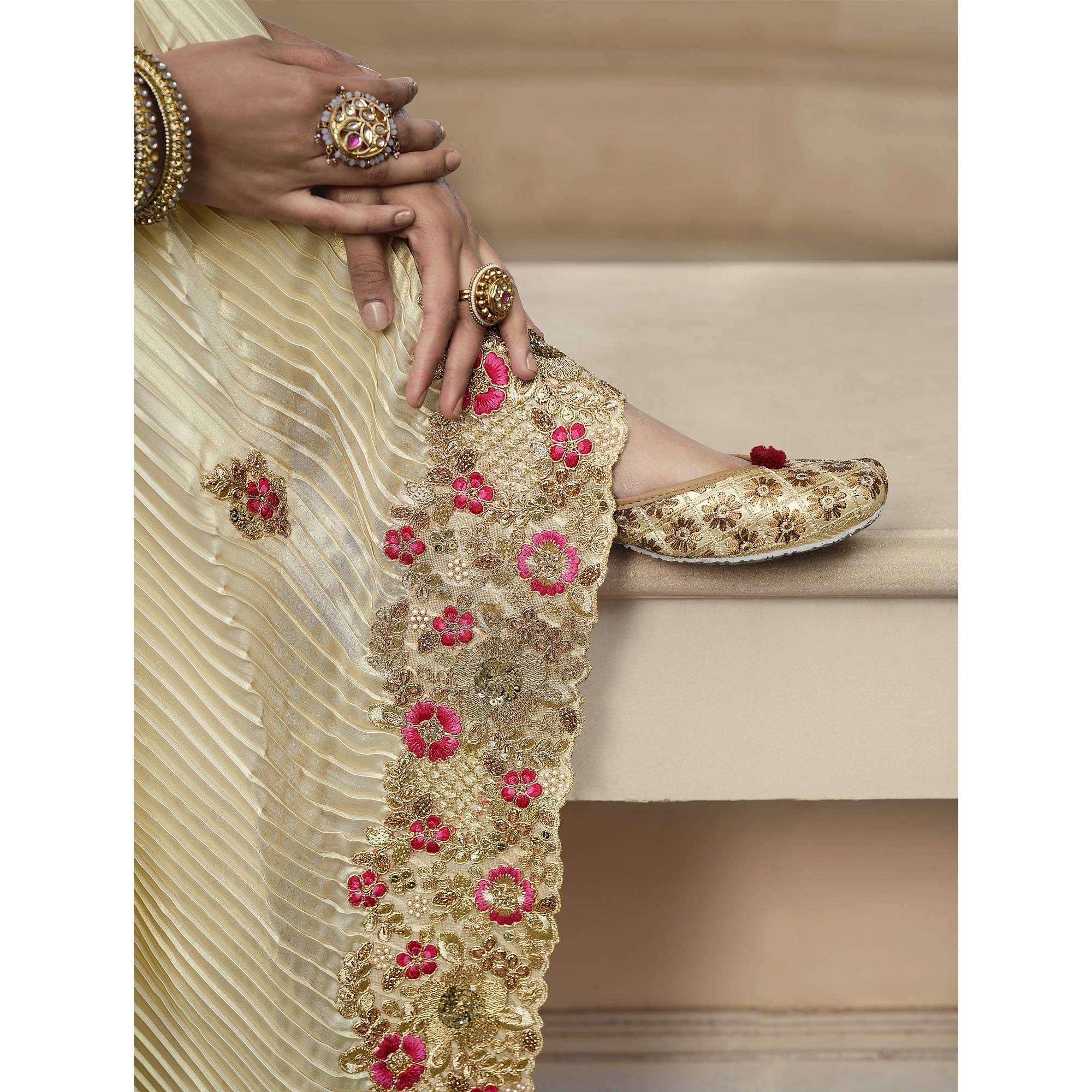 Cream - Rose Pink Party Wear Embroidered Satin Half & Half Saree - Peachmode