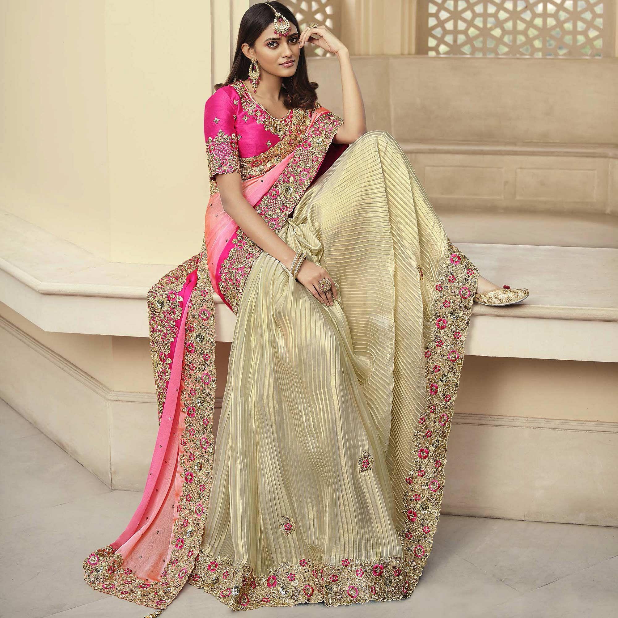 Cream - Rose Pink Party Wear Embroidered Satin Half & Half Saree - Peachmode