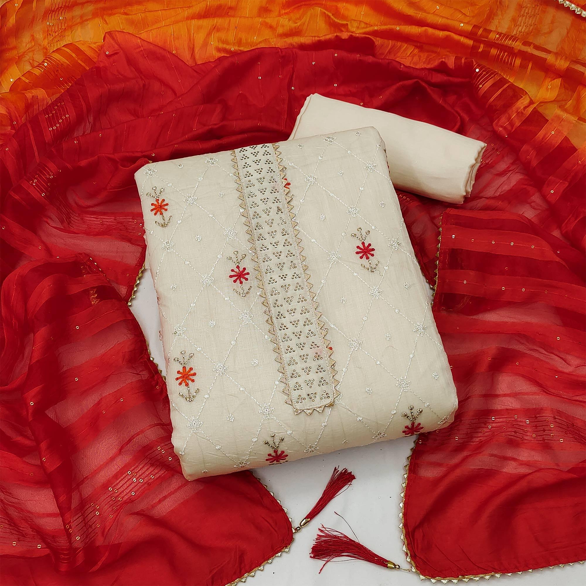 Cream Sequence Embroidered Chanderi Dress Material - Peachmode