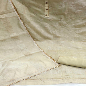 Cream Sequence Embroidered Chanderi Dress Material - Peachmode