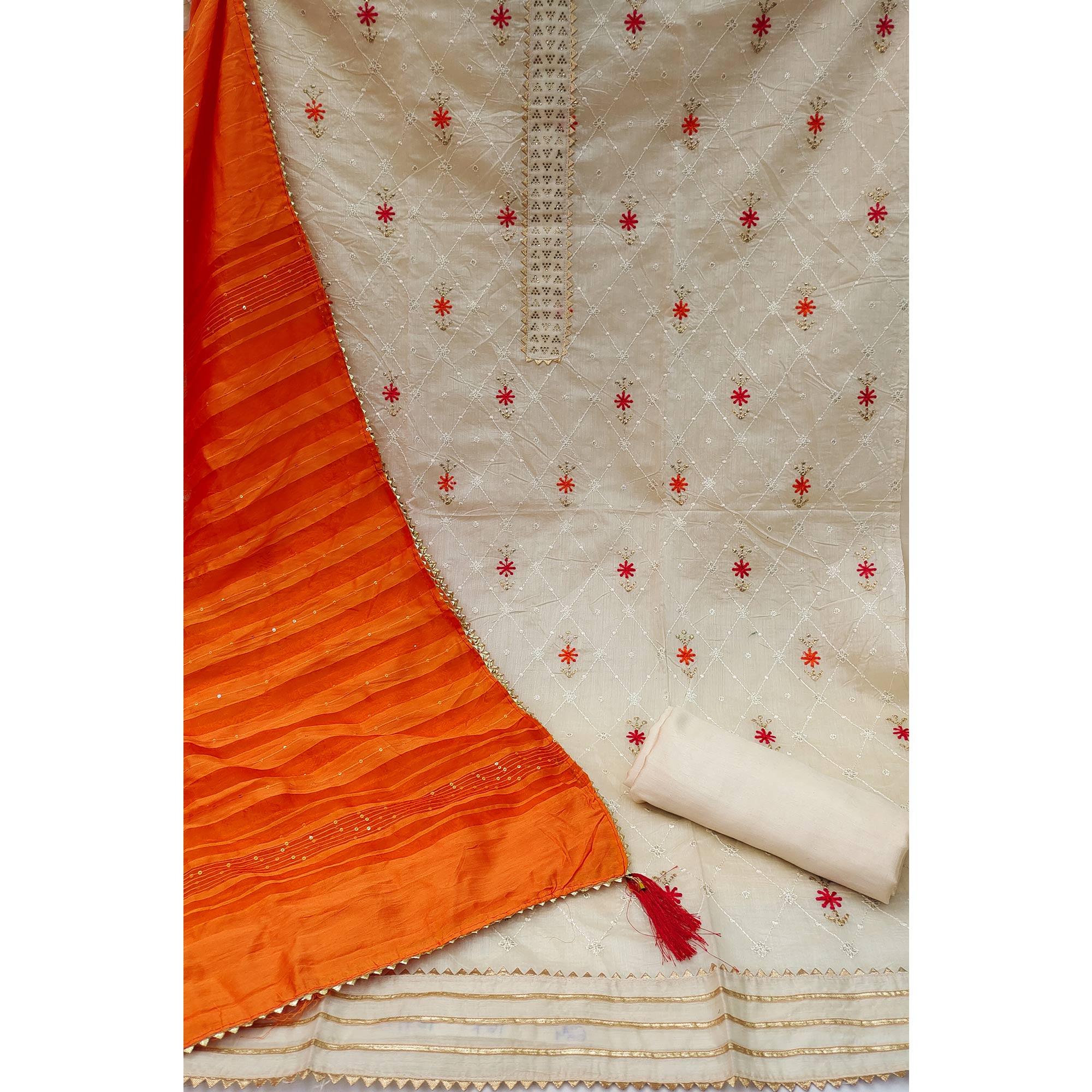Cream Sequence Embroidered Chanderi Dress Material - Peachmode