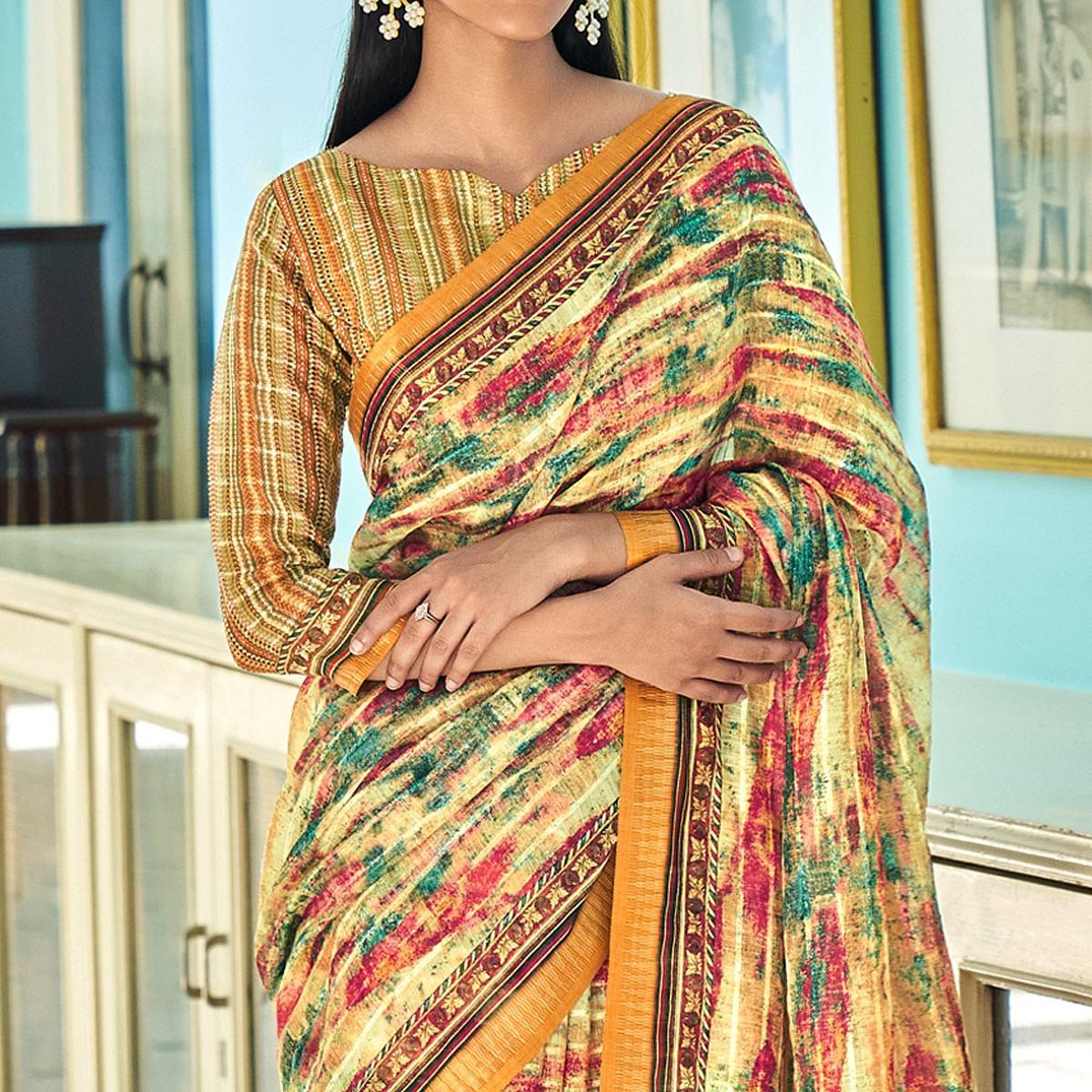 Cream Sequence Embroidered Linen Saree - Peachmode
