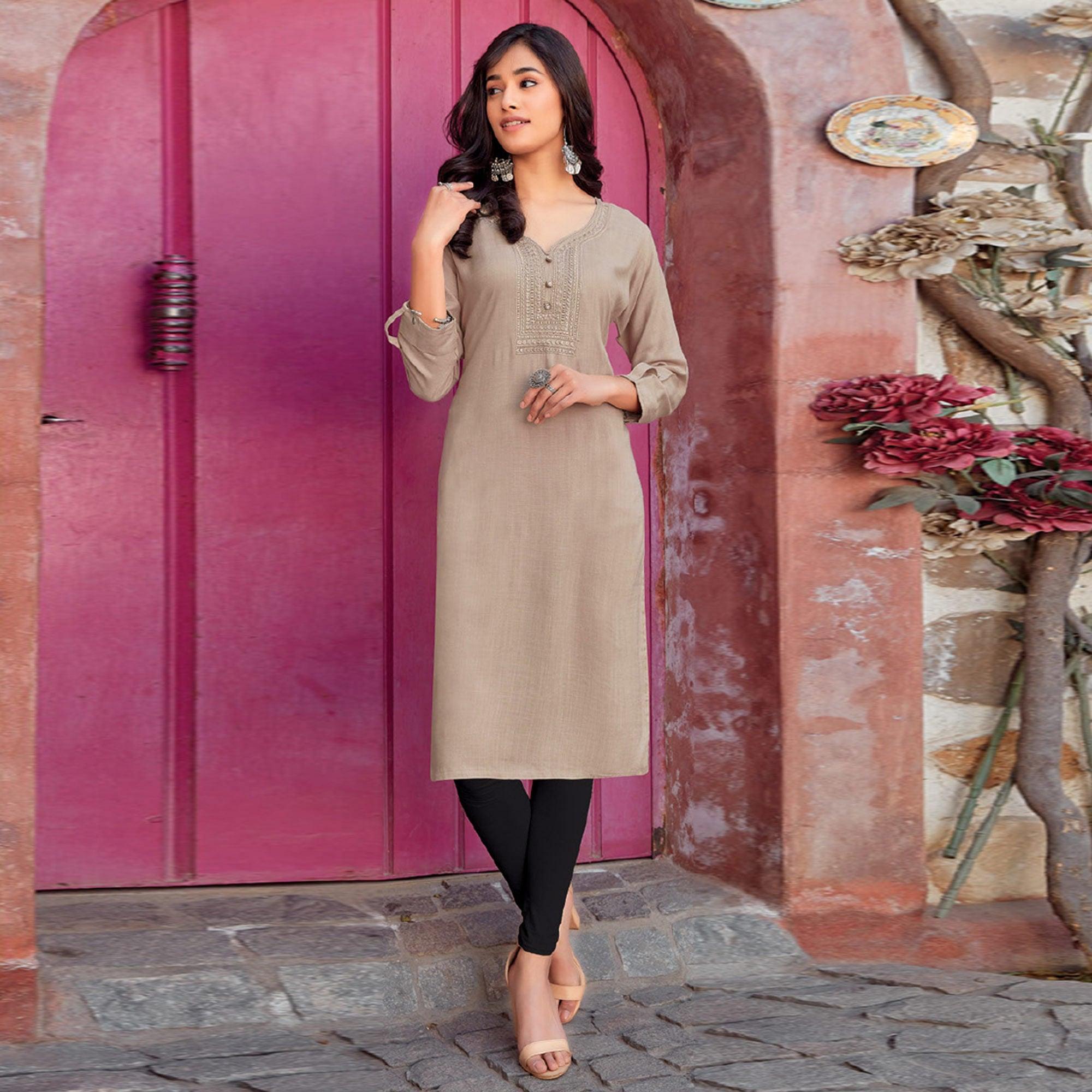 Cream Sequence Embroidered Pure Cotton Kurti - Peachmode