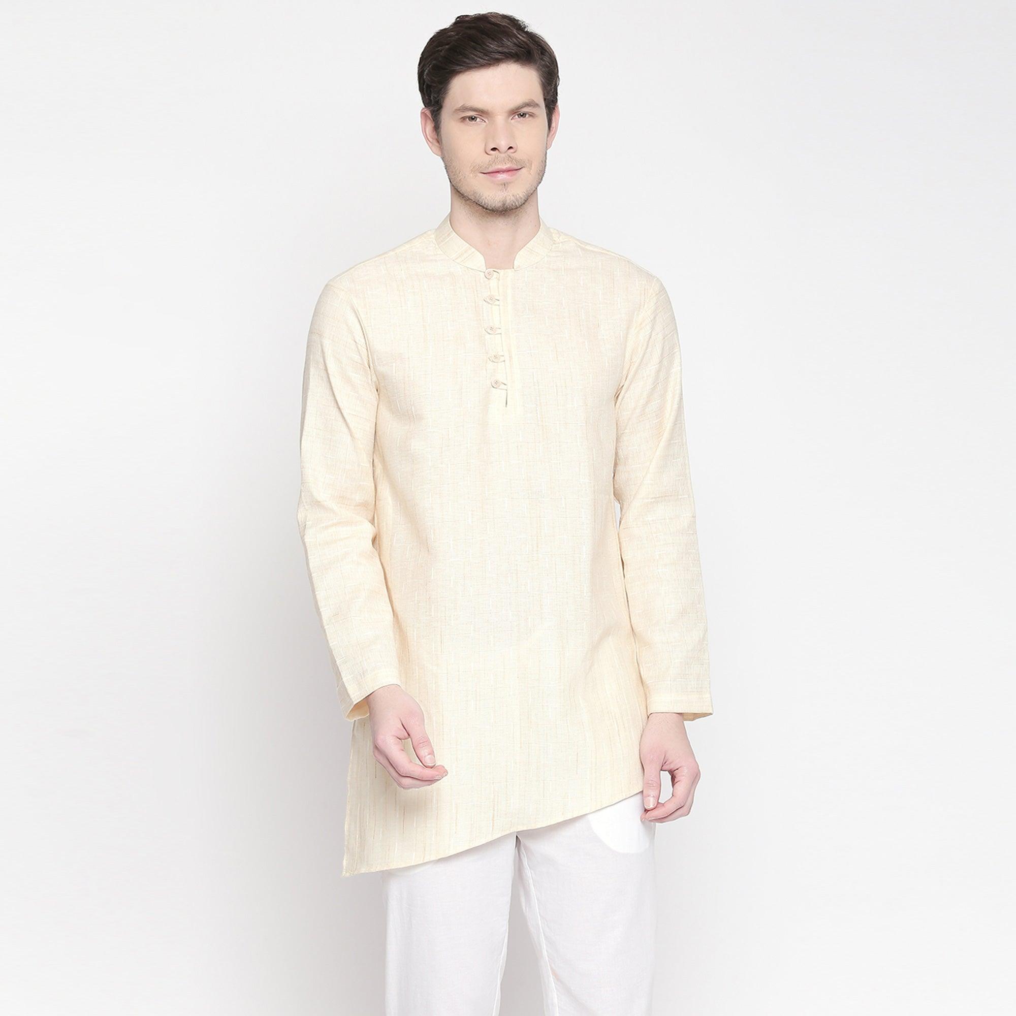 Cream Solid Pure Cotton Short Kurta - Peachmode