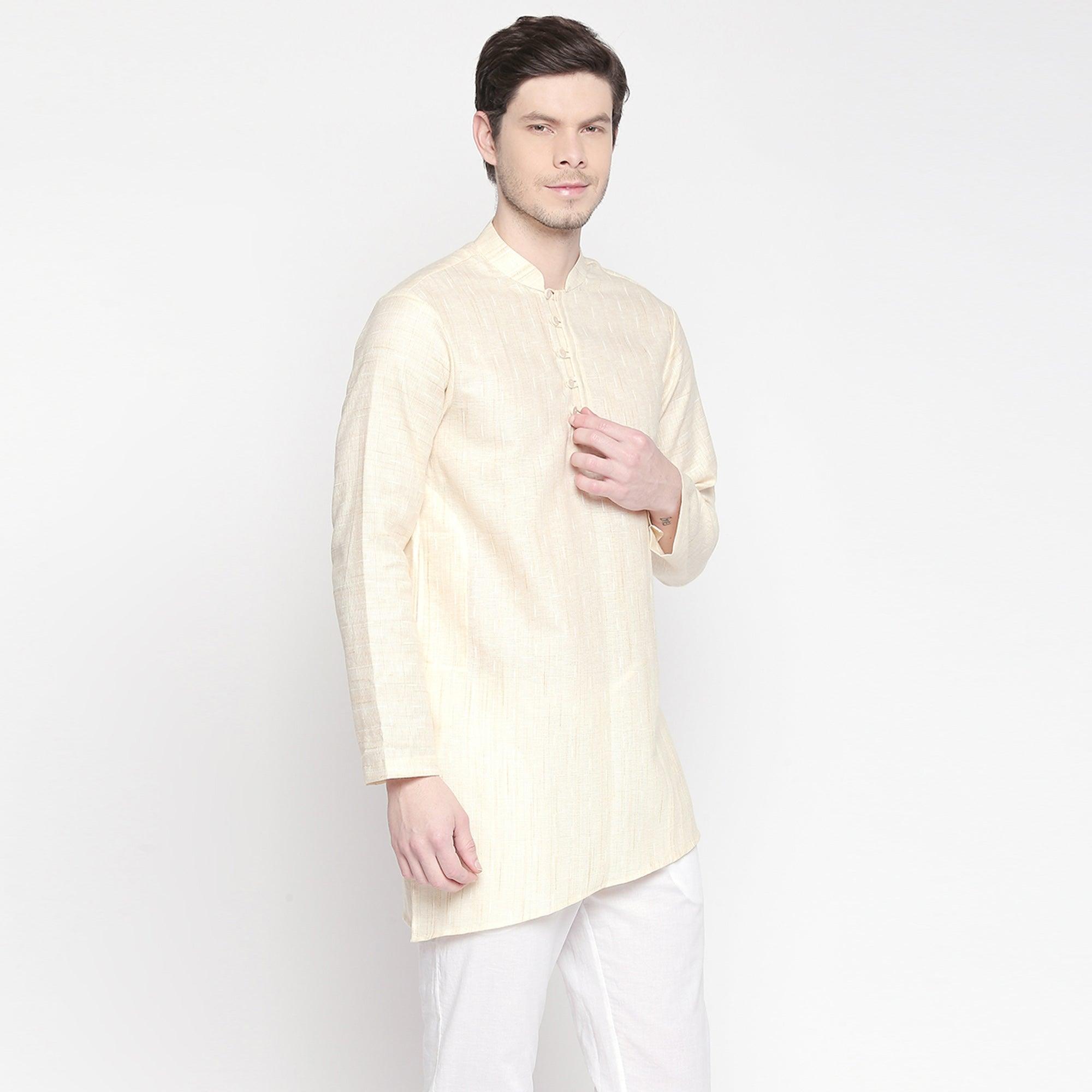 Cream Solid Pure Cotton Short Kurta - Peachmode