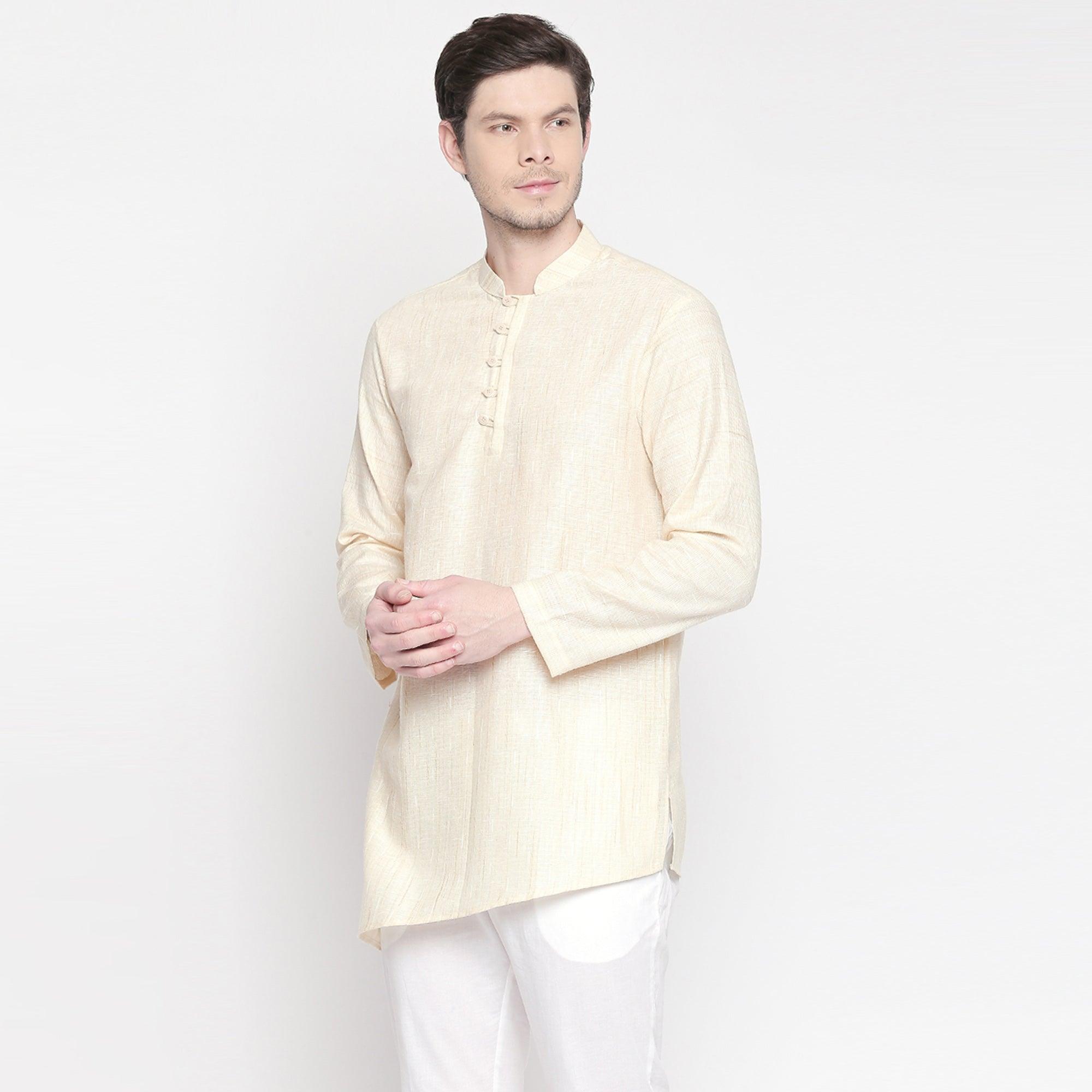 Cream Solid Pure Cotton Short Kurta - Peachmode