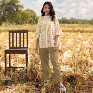 Cream Stripes Printed Poly Cotton Top Bottom Set - Peachmode