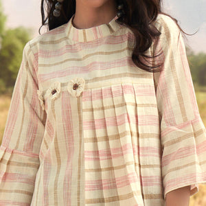 Cream Stripes Printed Poly Cotton Top Bottom Set - Peachmode