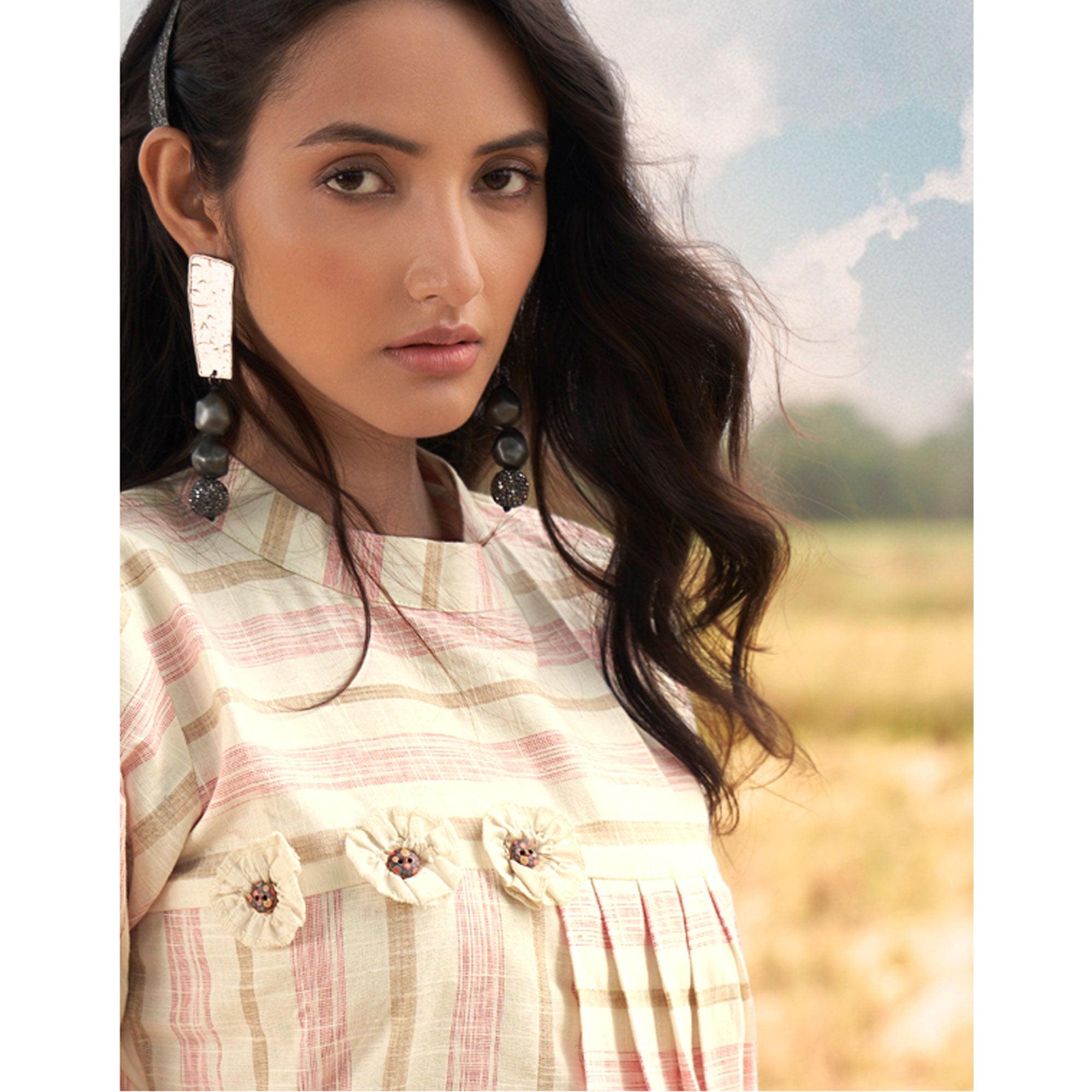 Cream Stripes Printed Poly Cotton Top Bottom Set - Peachmode