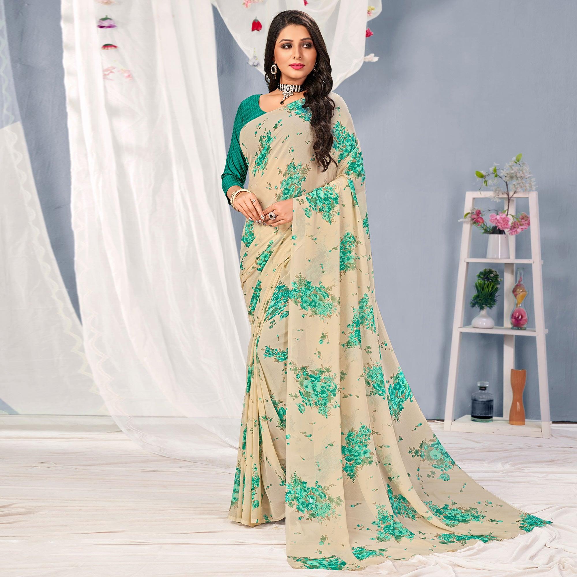 Cream-Turquoise Floral Printed Georgette Saree - Peachmode