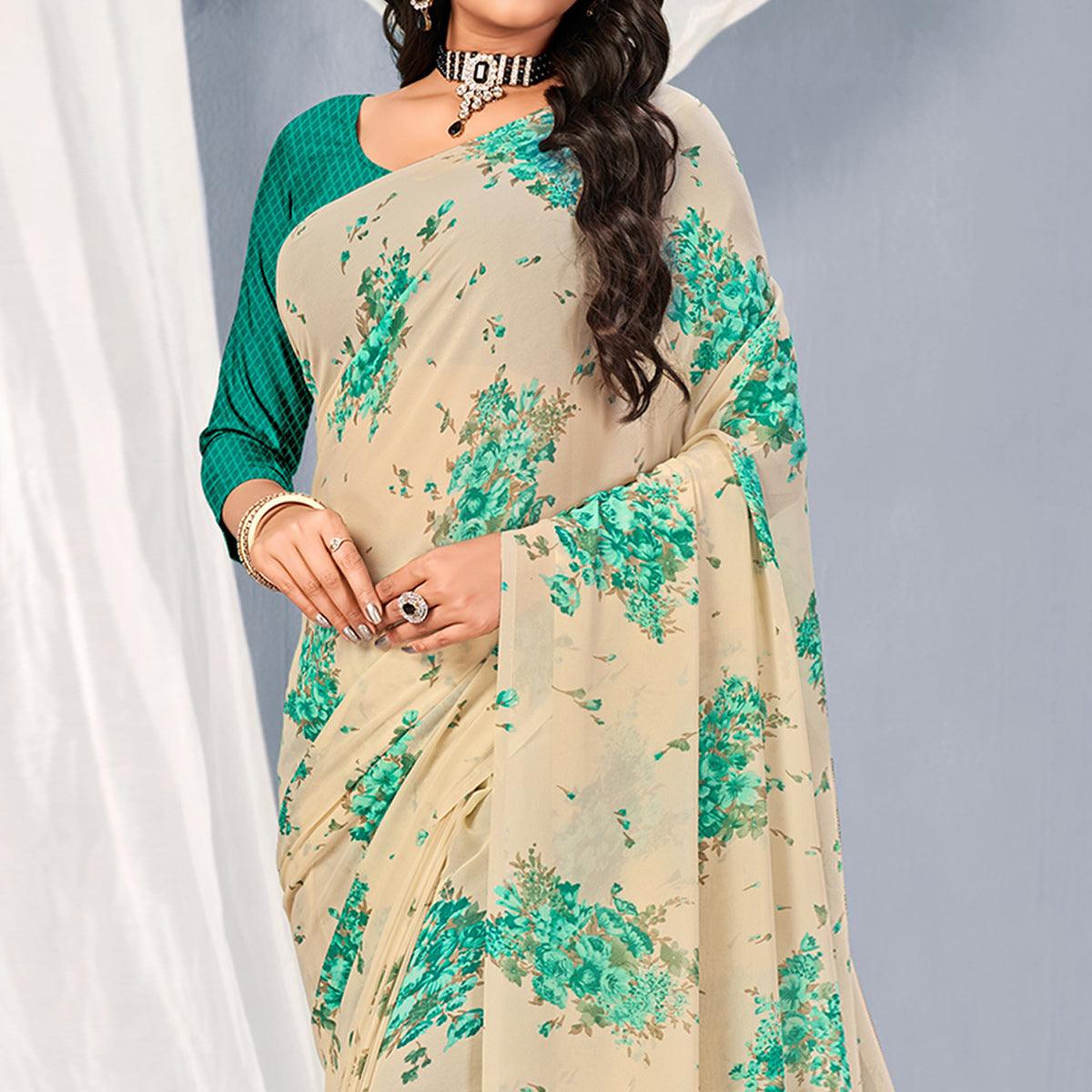 Cream-Turquoise Floral Printed Georgette Saree - Peachmode